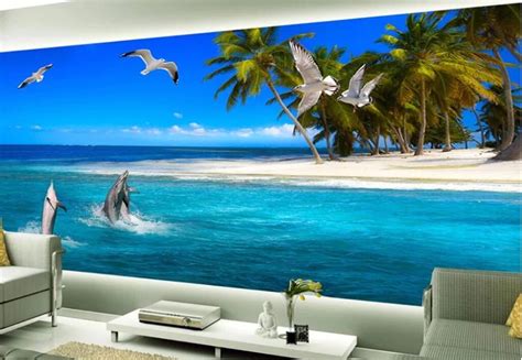 3d Ocean Beach Jumping Dolphins Wallpaper Mural For Home Or Business