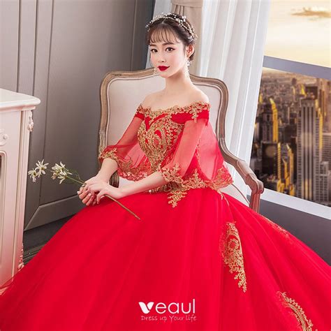 Chinese Style Red Wedding Dresses 2019 Ball Gown Off The Shoulder Gold