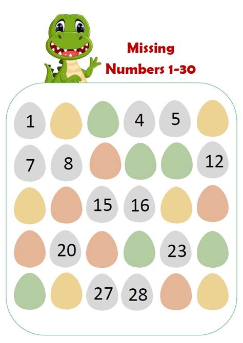 Missing numbers 1-30 fun dinosaur theme worksheet for kindergarten