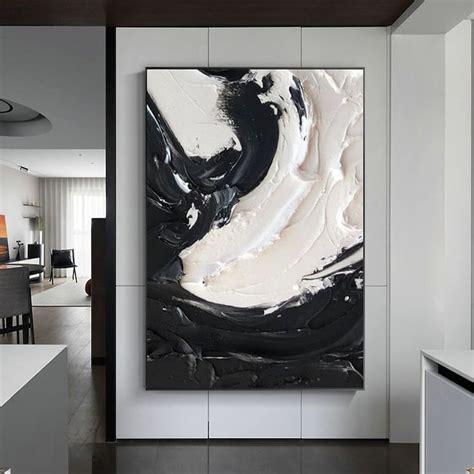 Black And White Painting Large White Textured Wall Art Black Etsy