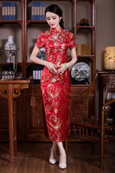 new summer red women s long satin qipao dress mandarin collar flower cheongsam chinese style
