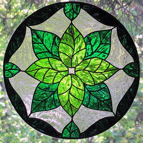 Stained Glass Green Leaves Round Suncatcher Panel
