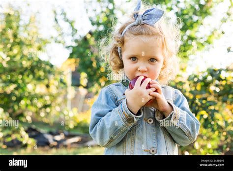 Cute Little Girl Child Eating Ripe Organic Red Apple In The Apple