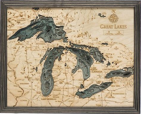 Great Lakes 3d Topographic Wood Map Great Lakes Wall Art Driftwood Grey