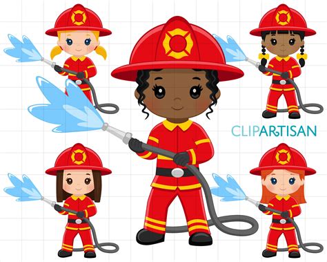 Firefighter Girls Clipart Community Helpers Cute Firefighter Etsy Canada