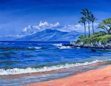 Original Painting Waves Palms And Sky At Maui Beach Hawaii