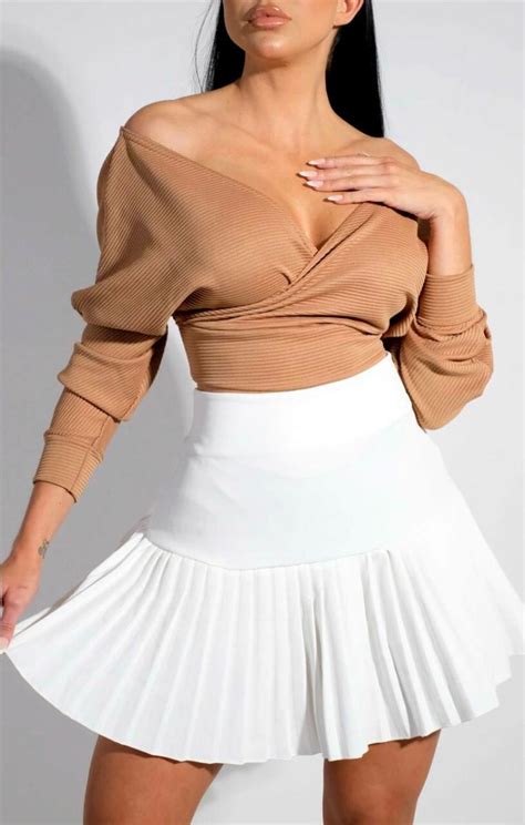 White High Waisted Pleated Ruffle Frill Bodycon Mini Skirt Skirts