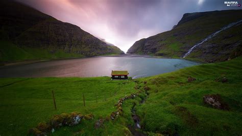 Lake Valley Denmark Waterfall Faroe Islands Mountains