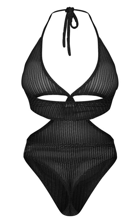 Black Textured Cut Out Halter Bodysuit Tops Prettylittlething Aus