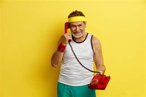 Man Talking Landline Telephone Senior Man Calling On Retro Phone Stock