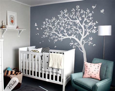 White Tree Wall Sticker Large Nursery Tree Decal With Birds Etsy