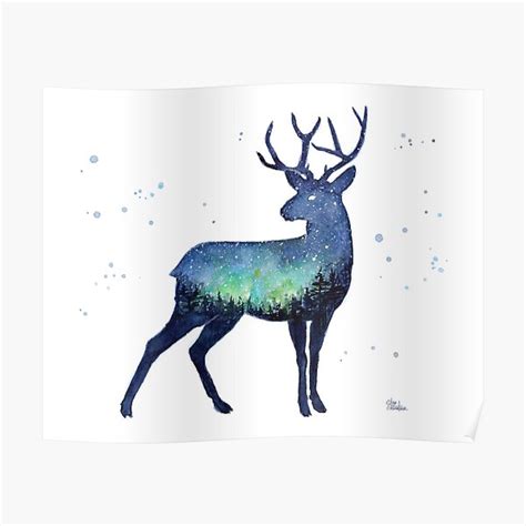 Galaxy Reindeer Silhouette With Northern Lights Poster By Olga