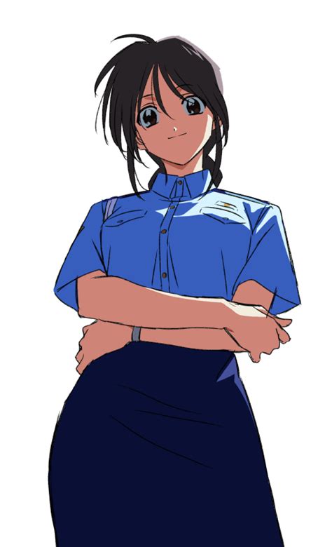 yoko u kobayakawa miyuki taiho shichauzo 1girl black hair blue eyes blue shirt blue skirt