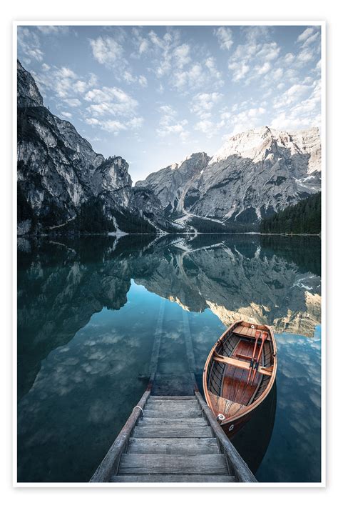 Braies Lake Moody Sunrise Print By Muxpix Posterlounge