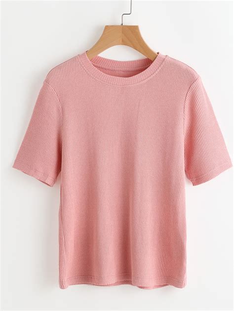 Pink Ribbed Knit Short Sleeve T Shirt Sheinsheinside