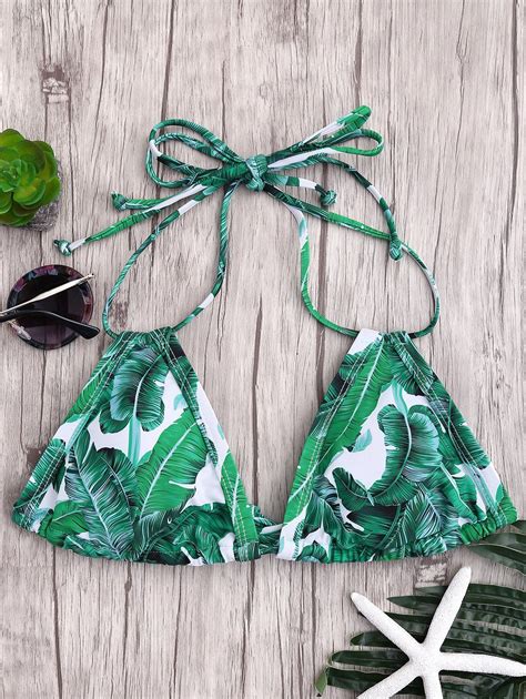 Off Padded Palm Print Bikini Top In Green Zaful