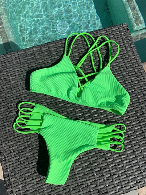 Neon Green Ribbed Lime Bikini Set Brazilian Cheeky Bikini Etsy
