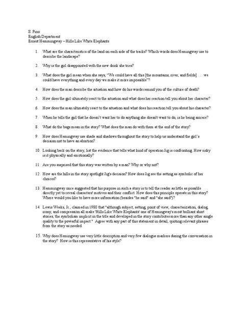 Hemmingway Hills Like White Elephants Discussion Questions Pdf