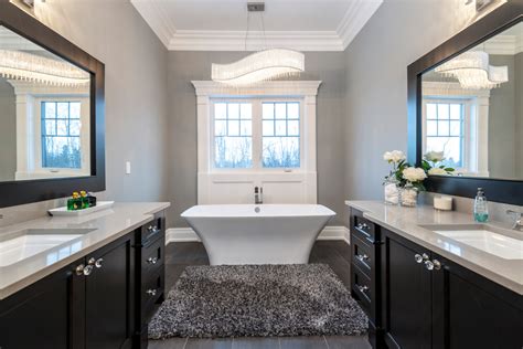 If you're unsure what to do with give us a call if you're looking for free bathroom renovations edmonton estimate! Vanities | His & Hers | Grey Quartz Vanity on Black ...