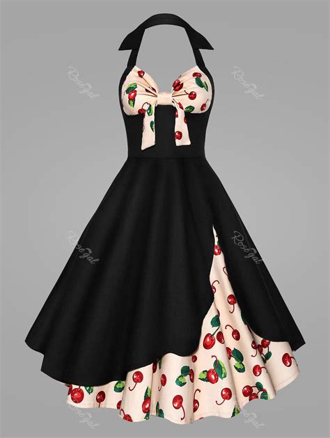 Black 5xl Plus Size Cherry Print Halter Pin Up Dress
