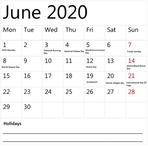 June 2020 Calendar With Holidays Usa Uk And Canada