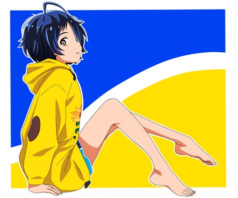 Riokasen Ooto Ai Wonder Egg Priority Highres 1girl Ahoge Bare Legs Barefoot Blue Eyes