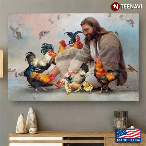 vintage smiling jesus christ playing with chickens and birds flying around poster canvas fasabee