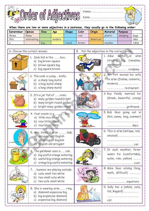 They are then introduced to comparative forms of adjectives and activate this language by discussing and explaining their preferences. This worksheet explains the order of adjectives and ...