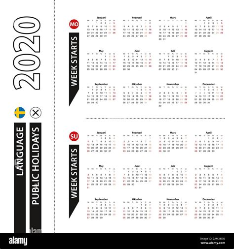 Two Versions Of 2020 Calendar In Swedish Week Starts From Monday And