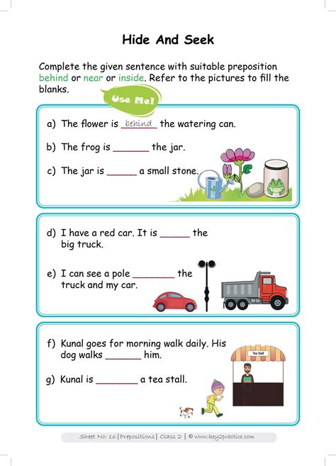 Grade 2 English Worksheets Prepositions Key2practice Workbooks