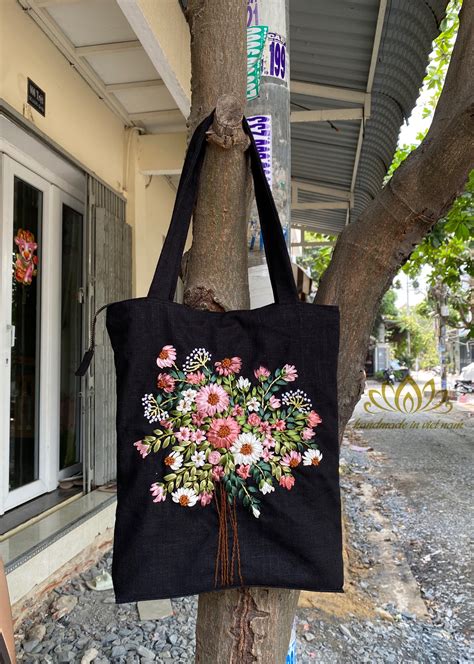 Embroidered Tote Bag With Zipper Unique Ribbon Embroidery Etsy