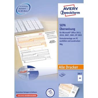 Einfach vorlage nutzen auf dem produkt 2817 von avery zweckform ausdrucken. Avery Zweckform SEPA PC-Überweisung 2817 A4, 100 Blatt: eOFFICE24