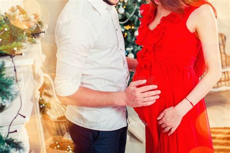 Happy Man Hugging His Pregnant Woman In The Living Room Stock Image