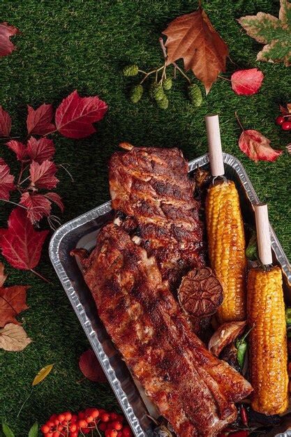 Premium Photo Autumn Bbq Grilled Pork Ribs Corn And Grilled Peppers