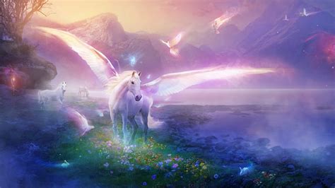 White Winged Unicorn With Open And White Pigeons In The