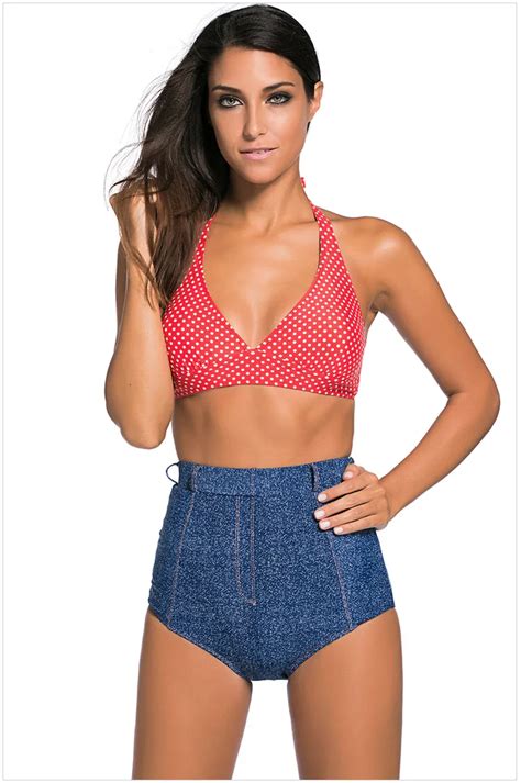 Free Shipping Vintage Red Polka Dot Blue Denim High Waisted Swimsuit