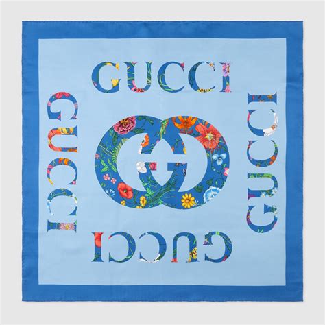 Flora Gucci Vintage Logo Print Silk Scarf In Blue And Light Blue