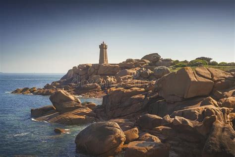 Ploumanach Lighthouse In Pink Granite Coast Brittany France Stock
