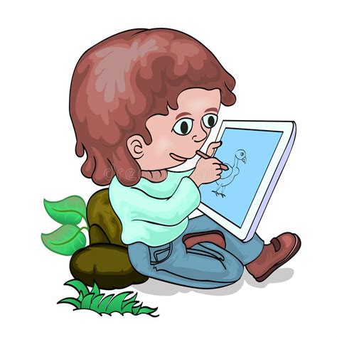 Little Boy Drawing With Tablet Pc Stock Vector Illustration Of