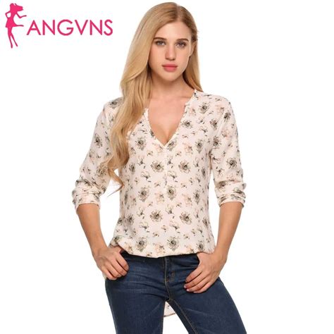 Angvns Women Chiffon Blouses Floral Shirts Deep V Neck Autumn Blouse Long Sleeve Print Button