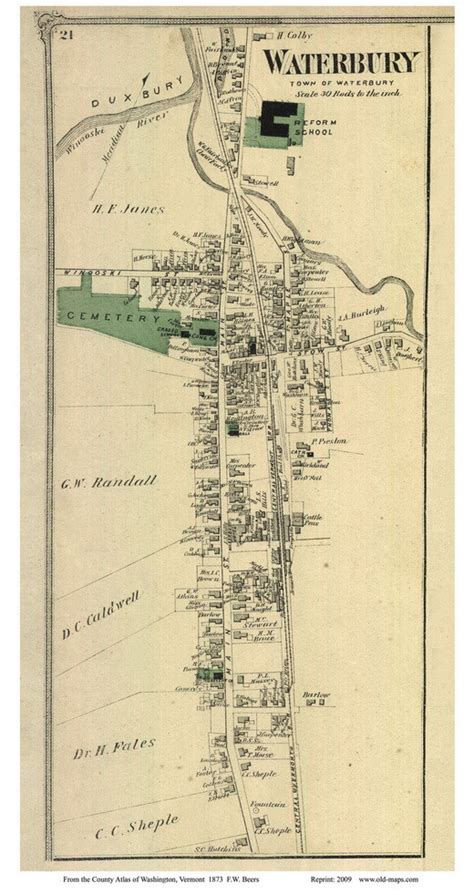 Waterbury Village Custom Vermont 1873 Old Town Map Reprint