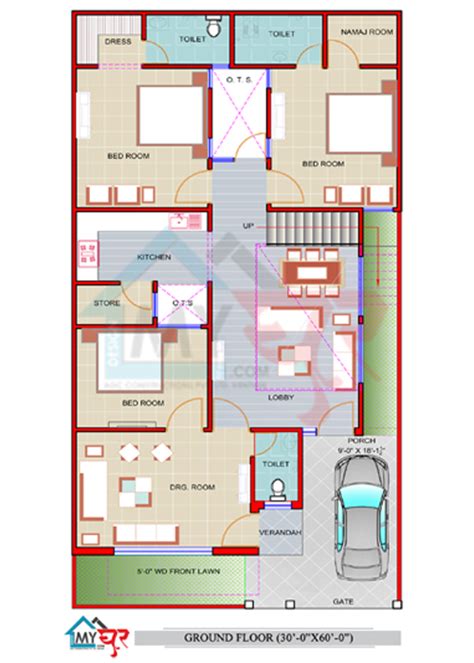 30×60 house plan for corner plot. 30x60 House Plan, North Facing