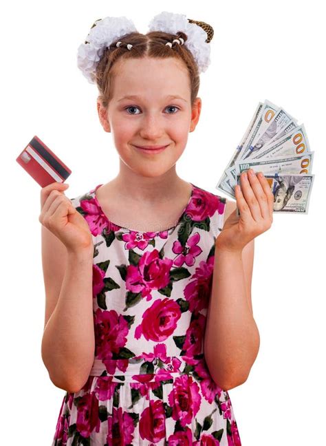 Cute Girl Holding Credit Card And Hundred Dollar Banknotes Stock Photo