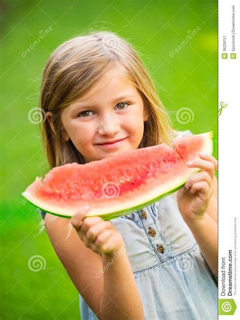 Adorable Blonde Girl Eating Watermelon Outdoors Stock Image Image Of