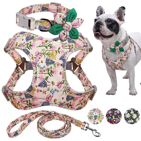 Flower Printed Dog Collar Harness Leash Set Nylon Small Medium Large