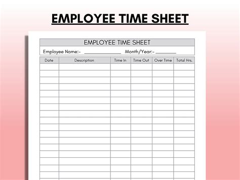 Employee Time Sheet Time Card Template Work Schedule Etsy