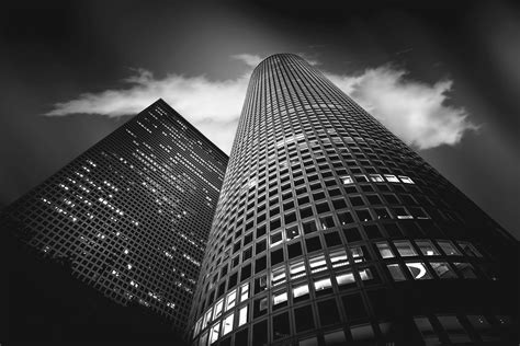 Building Worms Eye View Of High Rise Building Black And White Image