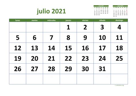 Calendario Julio 2021