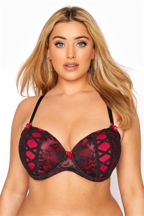 Plus Size Red Lace Strap Detail Padded Underwired Balcony Bra Yours