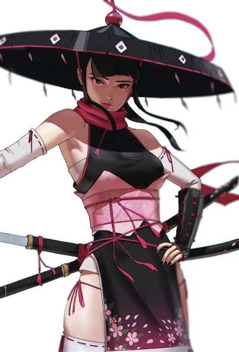 Anime Samurai Girl With Two Katana With A Big Straw Hat Wearing A Black Pink Robe Dress With